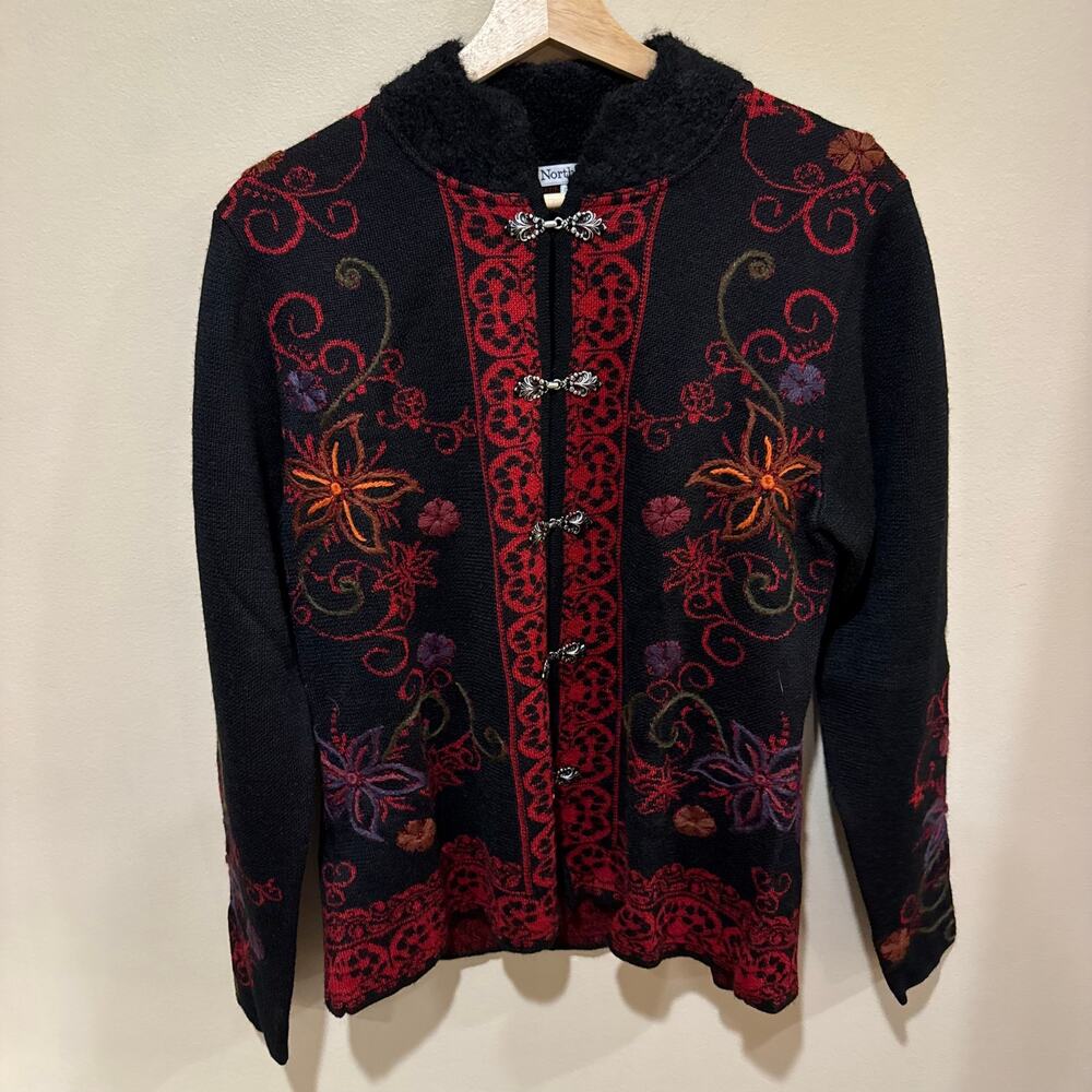 NorthStyle Stunning Black Sweater Jacket with Red Floral Embroidery